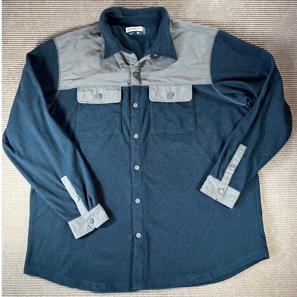 Magellan Outdoors Men 2XL Blue Fleece Button Down Shirt Moisture Wicking Classic